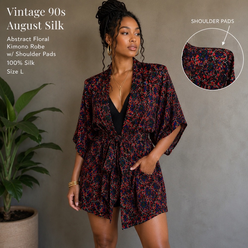 L 109 Vintage 90s August Silk Kimono Robe shoulder Pads Artsy Boho Colorful